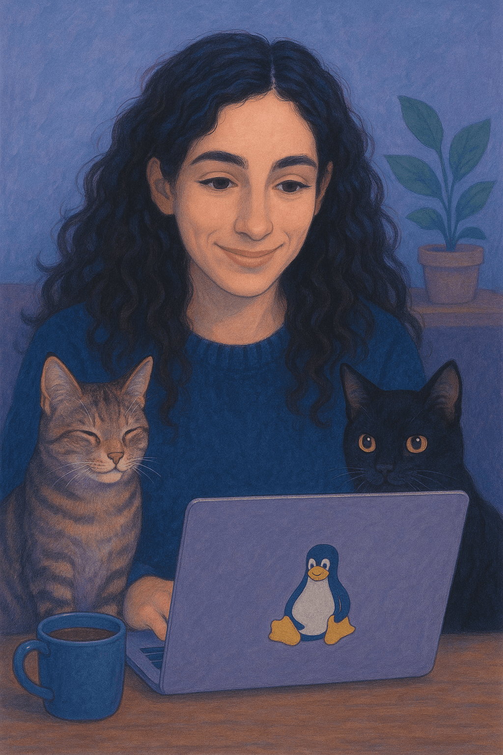 A drawing of me, working with my two cats
